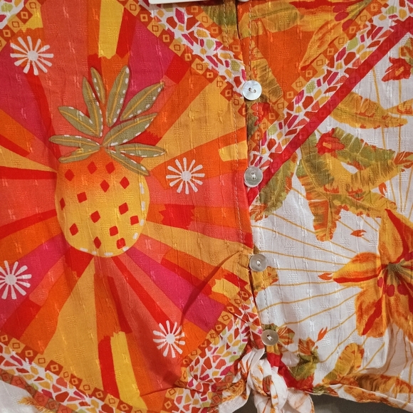 Haute Hippie Long Sleeve Tropical Orange Green Tie-Front Blouse Medium Boho - Picture 7 of 7